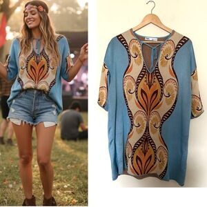 Zara Jacquard Kenia Mini Tunic Dress Womens Blue and Orange Patterned Sz Large‎